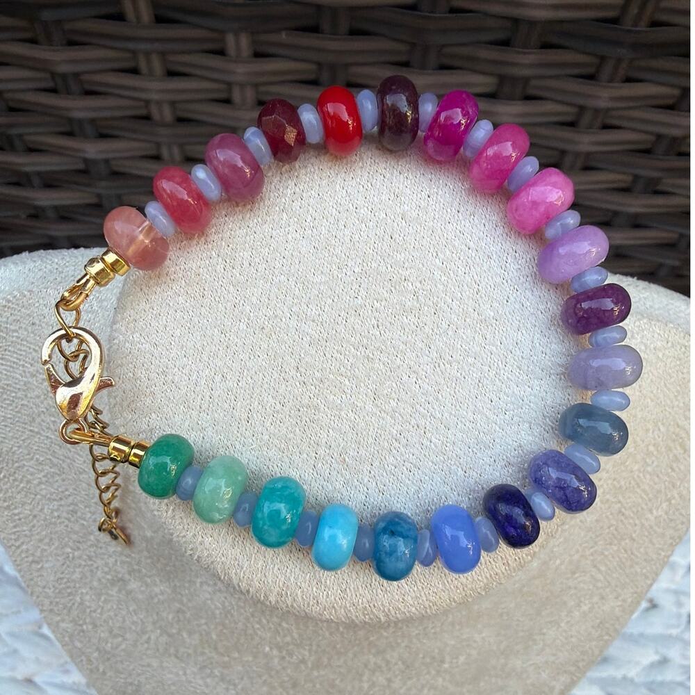 7-9" Multicolor Gemstone Bracelet, Quartz, Jade, Howlite, Agate, Rainbo